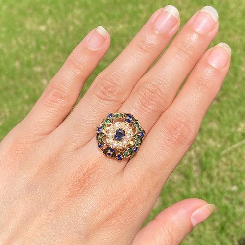 Shop Latest Gold Plated Jewelry Online | Delicate Sapphire Emerald Pearl Ring | LR 041