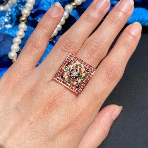 Gold Plated Silver Jewelry Online | Multicoloured Square Jadau Ring | LR 042