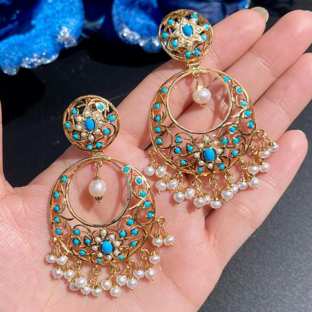 Turquoise Chandbali Earrings | Sterling Silver Based with 22k Gold Plating ER 656