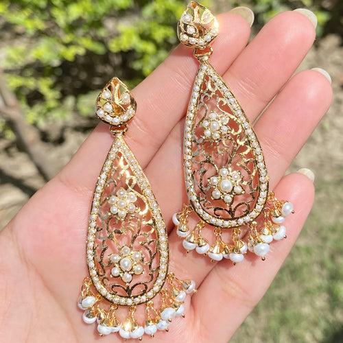 Drop Shaped Pearl Earrings | Gold Plated on Silver | Jadau Danglers ER 654