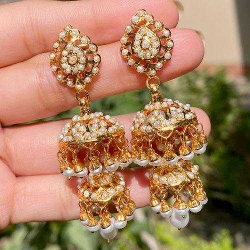 All Pearl Double Jhumki Earrings | Traditional Indian Jadau Jewelry | ER 678