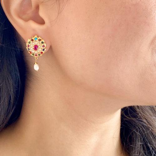 Navratna Studs For Women on Silver | Gold Tone Jewelry on Silver ER 667