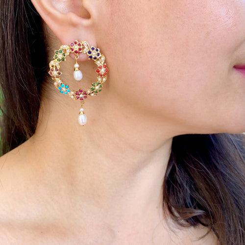 Floral Navratna Tops | Delicate Navrattan Earrings | Fancy Design ER 581
