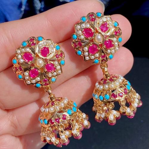 Multicoloured Jadau Jhumki Earrings | For Women | Ruby & Turquoise ER 592