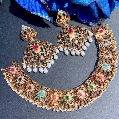 Bridal Navratna Necklace Set | Broad Necklace | Statement Earrings NS 338
