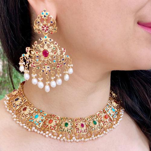 Bridal Navratna Necklace Set | Broad Necklace | Statement Earrings NS 338