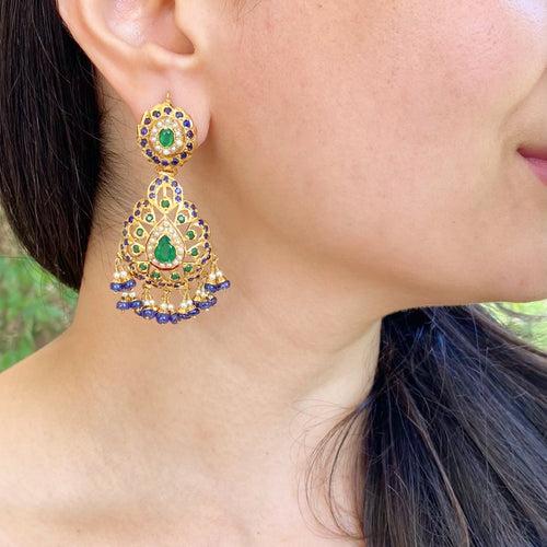 Royal Blue & Green Jadau Earrings | Gold Plated on Silver ER 614