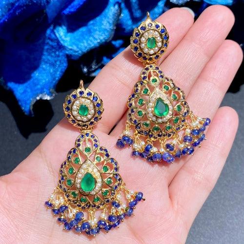 Royal Blue & Green Jadau Earrings | Gold Plated on Silver ER 614