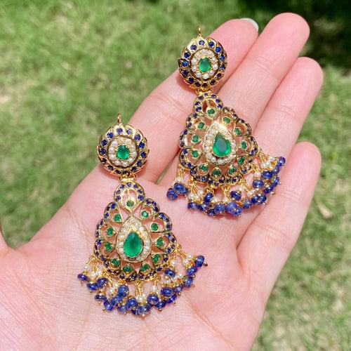 Royal Blue & Green Jadau Earrings | Gold Plated on Silver ER 614