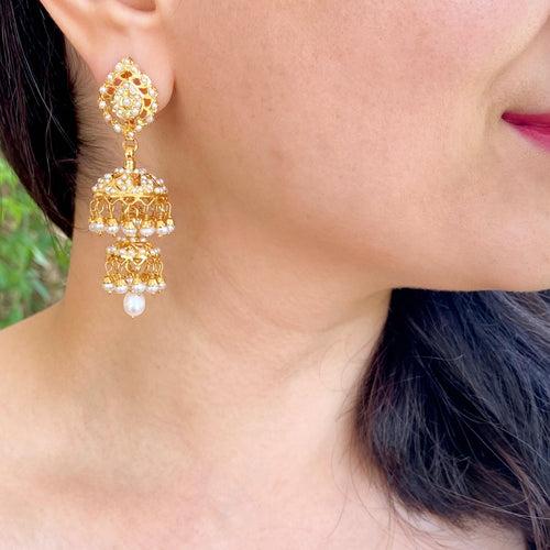 All Pearl Double Jhumki Earrings | Traditional Indian Jadau Jewelry | ER 678