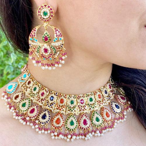 Bridal Navrathan Necklace Set | Amritsar Jadau Jewellery| Gold Plated Silver NS 165