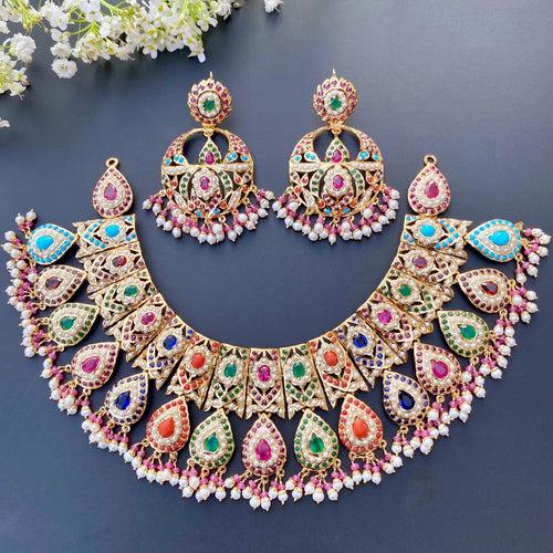 Bridal Navrathan Necklace Set | Amritsar Jadau Jewellery| Gold Plated Silver NS 165