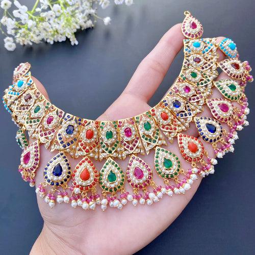 Bridal Navrathan Necklace Set | Amritsar Jadau Jewellery| Gold Plated Silver NS 165