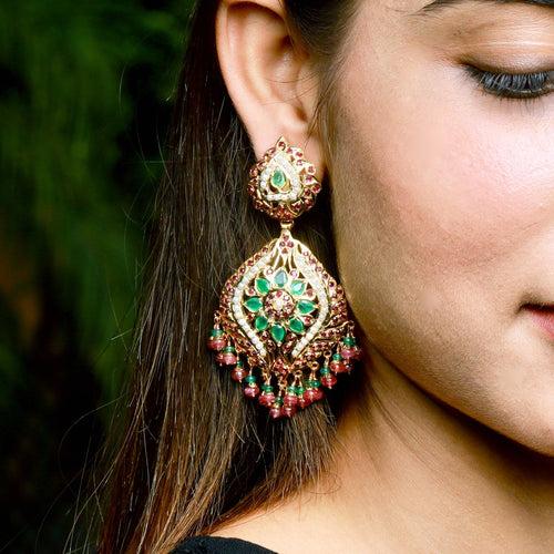 Emeralds Accentuated Jadau Earrings in Gold Plated Silver  ER 173