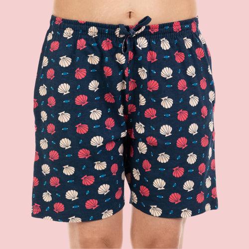 Navy Blue Printed Cotton Night Shorts