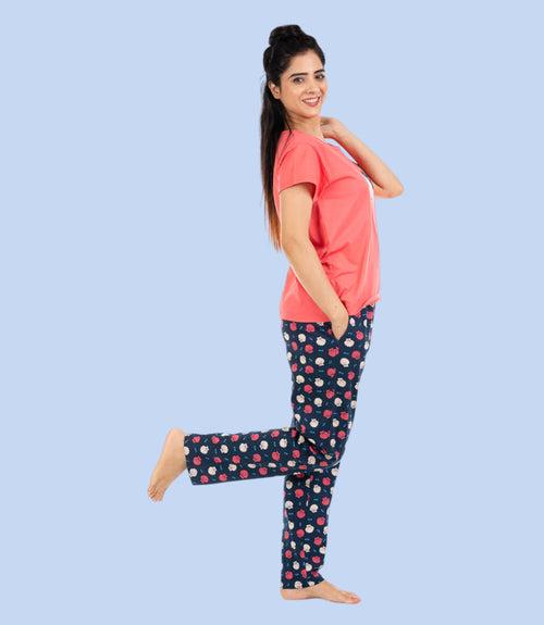 Cotton Night Suit Pyjama Set- Coral & Navy Blue