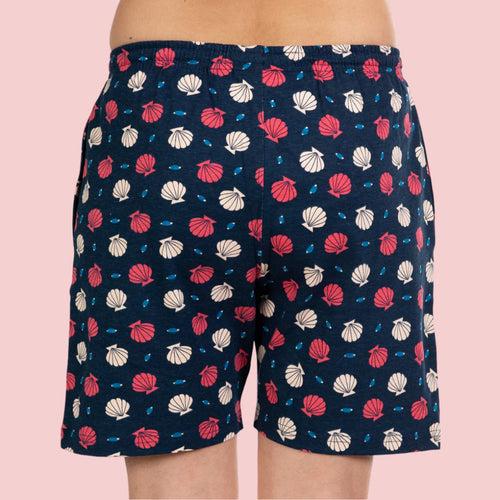 Navy Blue Printed Cotton Night Shorts