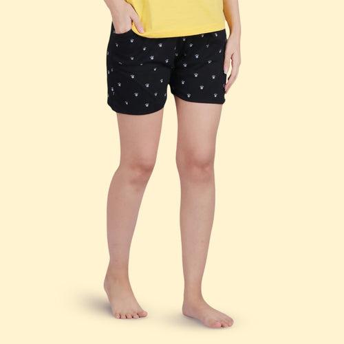 Cotton Black Pug Printed Mini Shorts