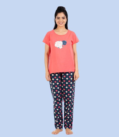 Cotton Night Suit Pyjama Set- Coral & Navy Blue