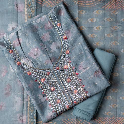 Silk Embroidered Party Wear Dress Material (Pastel Grey)