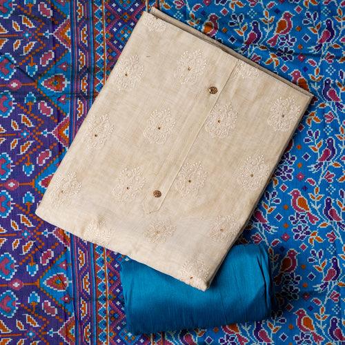 Chanderi Silk Functional Wear Dress Material (Ivory & Teal Blue)