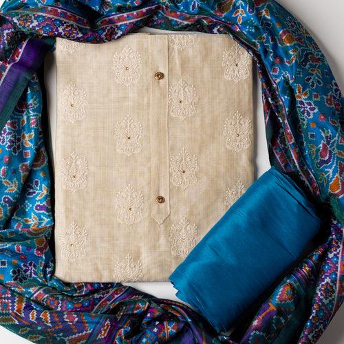 Chanderi Silk Functional Wear Dress Material (Ivory & Teal Blue)