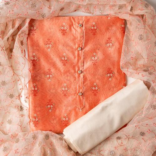 Chanderi Silk Printed Dress Material (Peach)