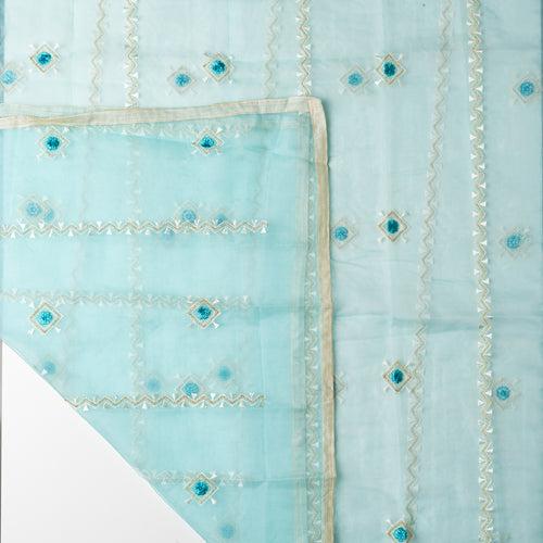 Chanderi Silk Dress Material (Cream & Turquoise)