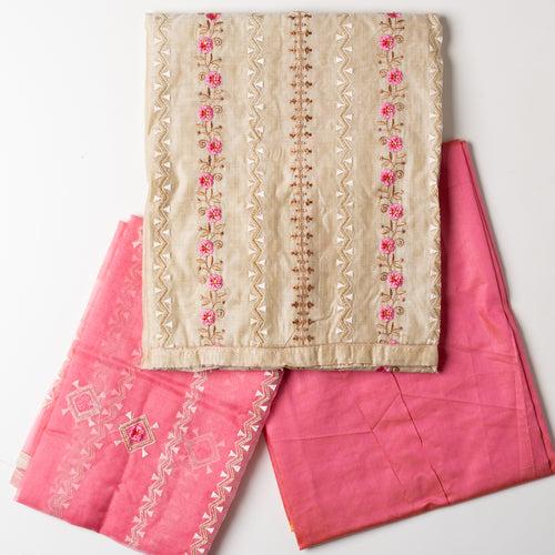 Chanderi Silk Dress Material (Cream & Pink)