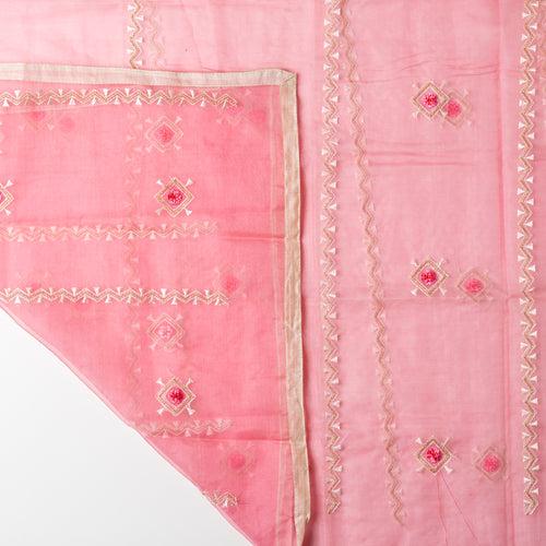 Chanderi Silk Dress Material (Cream & Pink)