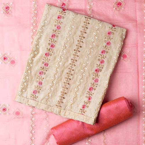 Chanderi Silk Dress Material (Cream & Pink)