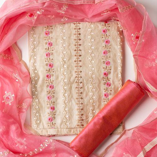 Chanderi Silk Dress Material (Cream & Pink)