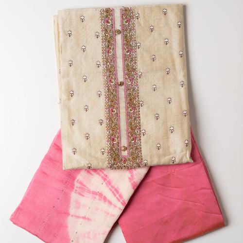 Chanderi Silk Embroidery Dress Material (Pink & Ivory)