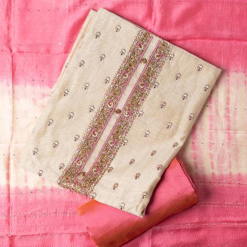 Chanderi Silk Embroidery Dress Material (Pink & Ivory)