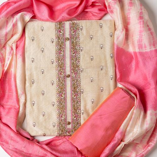 Chanderi Silk Embroidery Dress Material (Pink & Ivory)