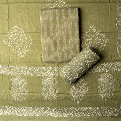Cotton Katha Work Dress Material (Mehendi Green)