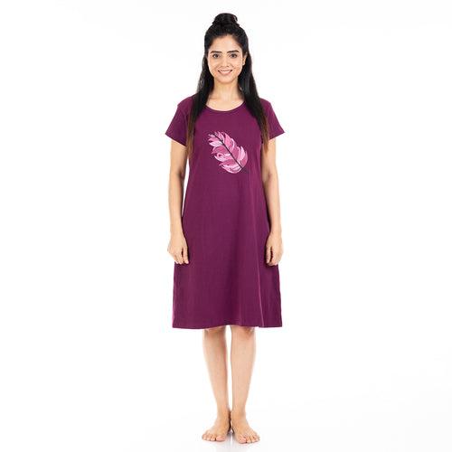 Cotton Knee Length Short Nighty - Wine