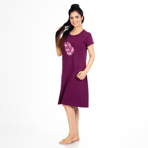 Cotton Knee Length Short Nighty - Wine