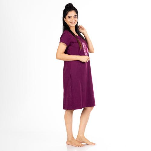 Cotton Knee Length Short Nighty - Wine