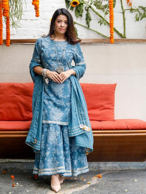 Blue Cotton Khadi Print Sharara Set With Gota Details. ,With Solid Dupatta