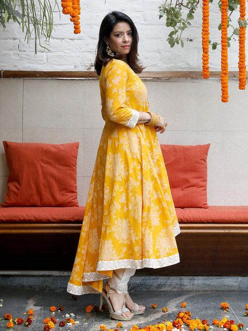 Yellow Khadi Print Asymmetrical Angarkha Kurta and Off White Flex Pant 2 pc Set (Without Dupatta)