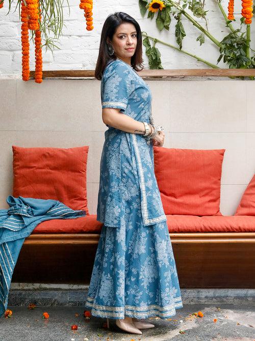 Blue Cotton Khadi Print Sharara Set With Gota Details. ,With Solid Dupatta