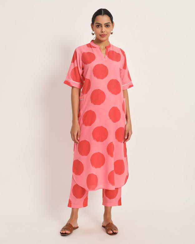 Red and pink polka straight dress/tunic/kurta set with patch pockets