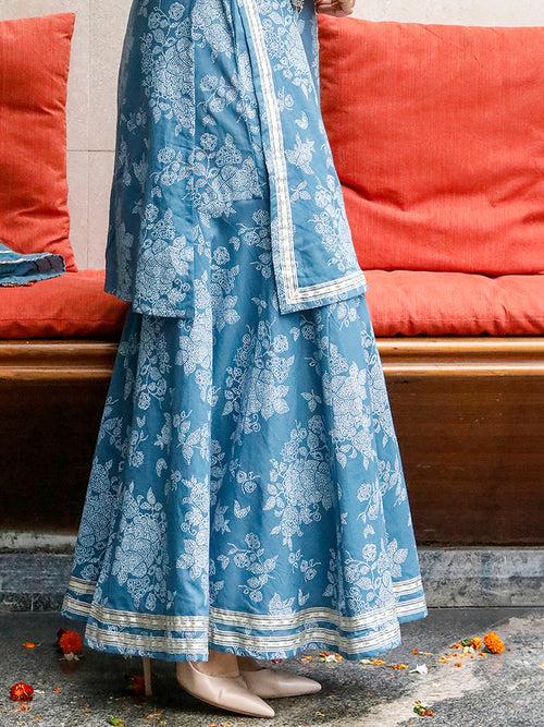 Blue Cotton Khadi Print Sharara Set With Gota Details. ,With Solid Dupatta