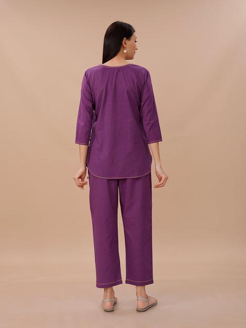 Purple Cotton Shirt Kurta And Pant Coord Set With Yellow Contrast Stitch Detail.