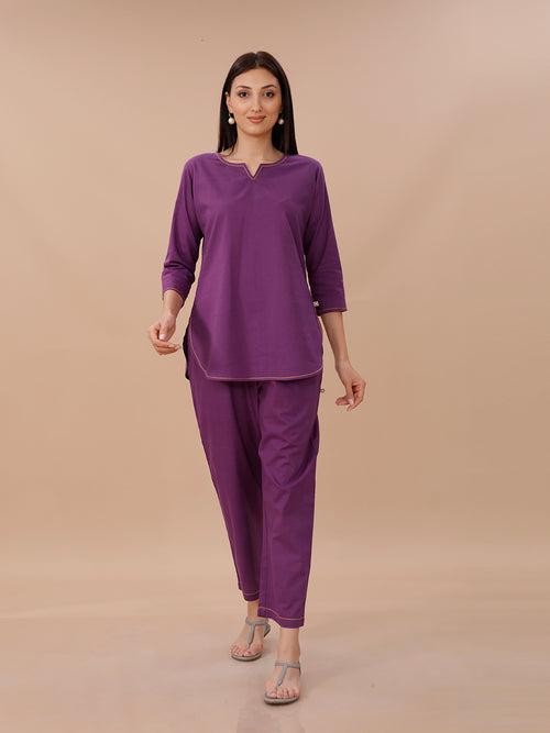 Purple Cotton Shirt Kurta And Pant Coord Set With Yellow Contrast Stitch Detail.