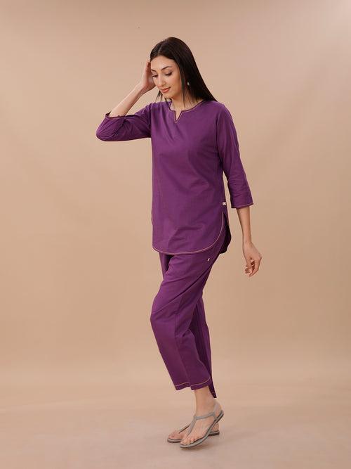 Purple Cotton Shirt Kurta And Pant Coord Set With Yellow Contrast Stitch Detail.