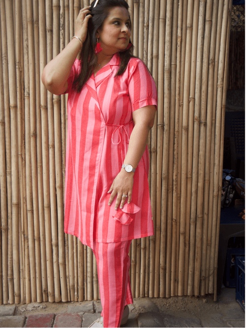 Pink and red stripe collared angarkha coord set in cotton blend fabric