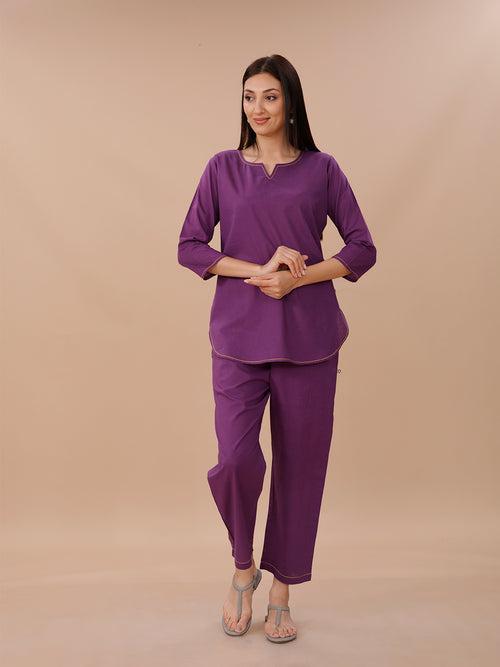 Purple Cotton Shirt Kurta And Pant Coord Set With Yellow Contrast Stitch Detail.