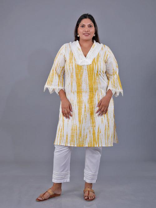 Fabnest Curve Set Of Yellow Shibori Printed Straight Cotton Kurta With Lace At Neck And Sleeve Hem And White Cotton Straight Pants With Lace Inserts